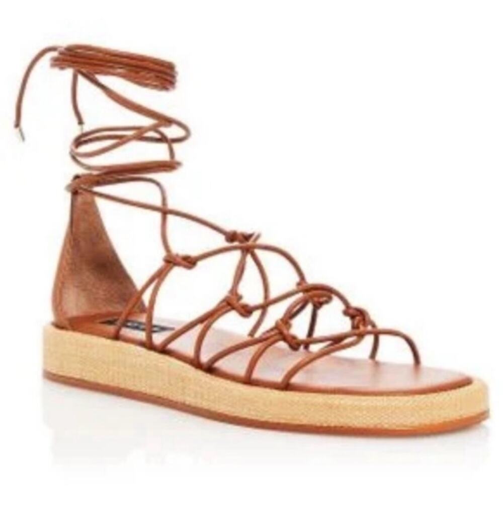 Aqua Cognac Straw Lace up Sandal Sz 9.5
